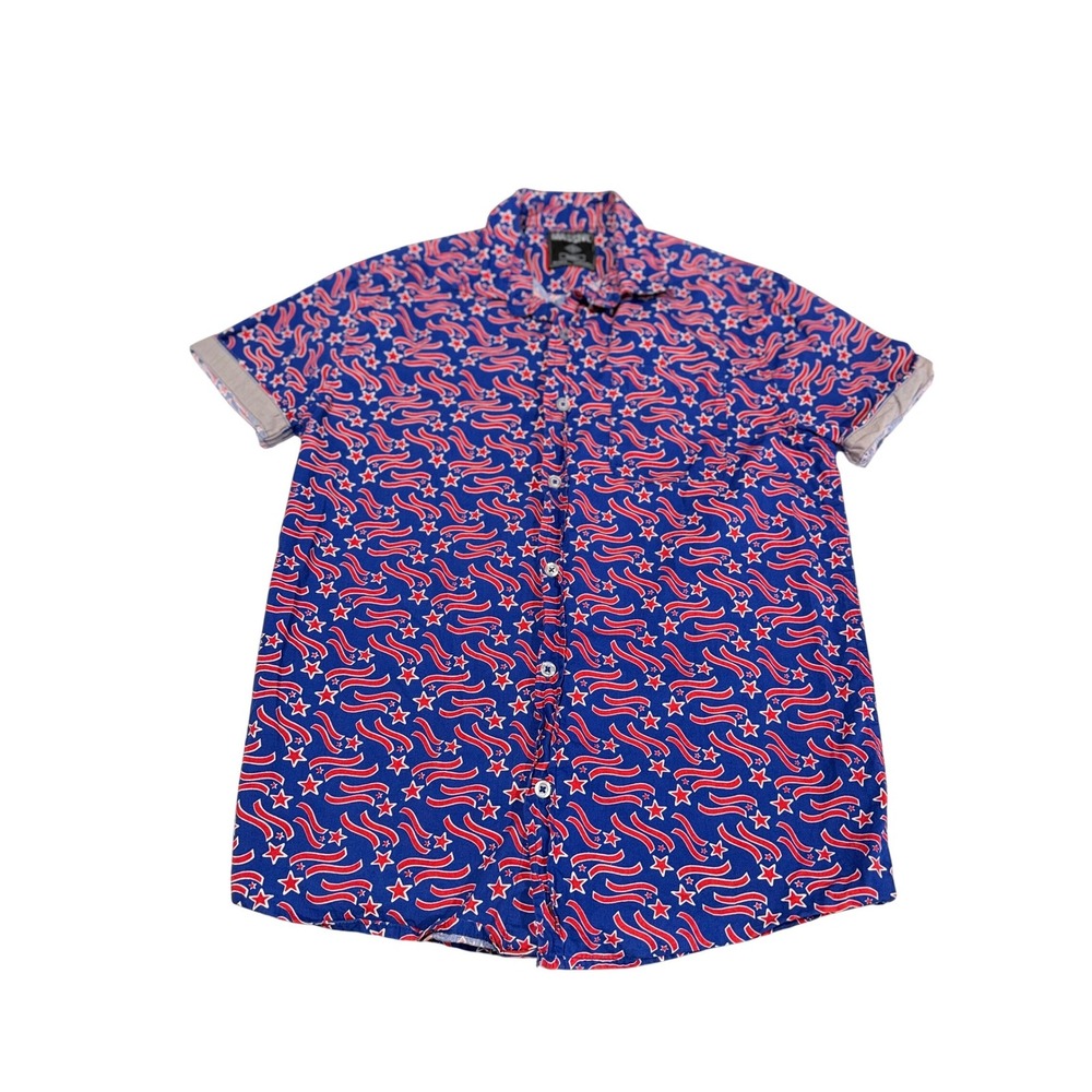 Massive Mens Small Short Sleeve‎ Button Down Shirt Patriotic Stars Stripes Blue
